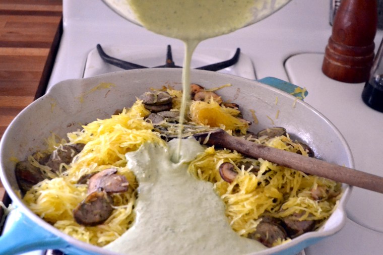 Creamy Pesto Spaghetti Squash with Chicken and Mushrooms - Big Eats Tiny Kitchen (Gluten Free, Paleo, Dairy Free)