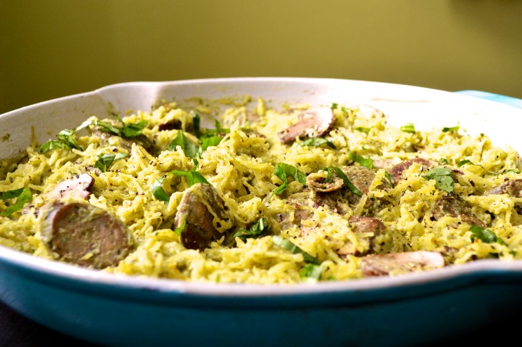Creamy Pesto Spaghetti Squash with Chicken and Mushrooms - Big Eats Tiny Kitchen 