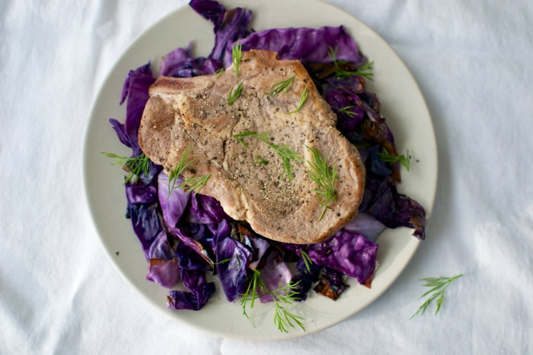 Cider Braised Pork Chops with Dill and Roasted Cabbage