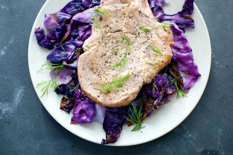 Cider Braised Pork Chops with Dill and Roasted Cabbage